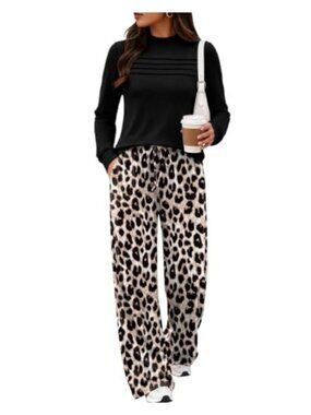 Womens Two Piece Set Mock Neck Long Sleeve Wide Leg Pants Travel Casual